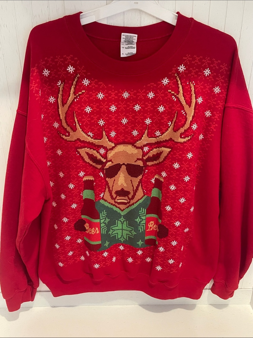 Funny Ugly Christmas Sweater Reindeer Beer Crewneck Sweatshirt Red Men’s XL